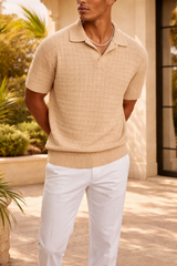 Cecil | Men’s Textured Knit Open Collar Polo Shirt Short Sleeve Relaxed Fit — Beige, image 2
