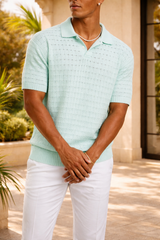 Cecil | Men’s Textured Knit Open Collar Polo Shirt Short Sleeve Relaxed Fit — Turquoise, image 4