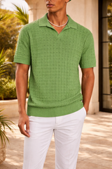 Cecil | Men’s Textured Knit Open Collar Polo Shirt Short Sleeve Relaxed Fit — Green, image 5