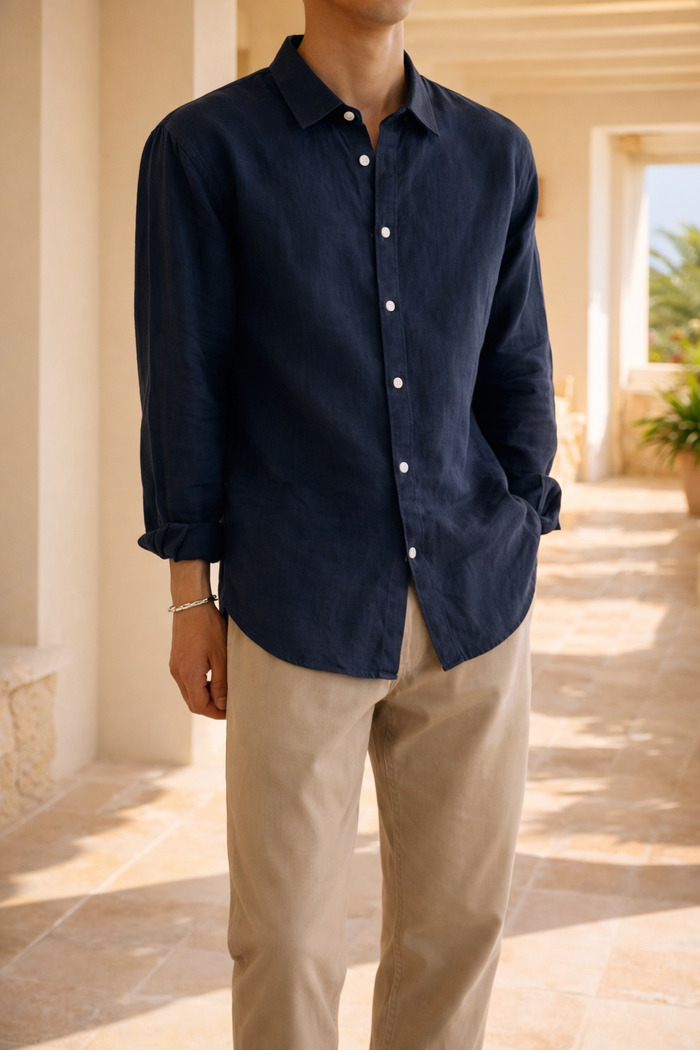 Cedric | Men’s Long Sleeve Linen Button Shirt Lightweight Woven Casual Top — Navy, image 1