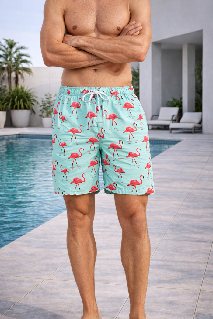 Charlie | Men's Printed Drawstring Swim Shorts with Elastic Waist — Turquoise, image 1