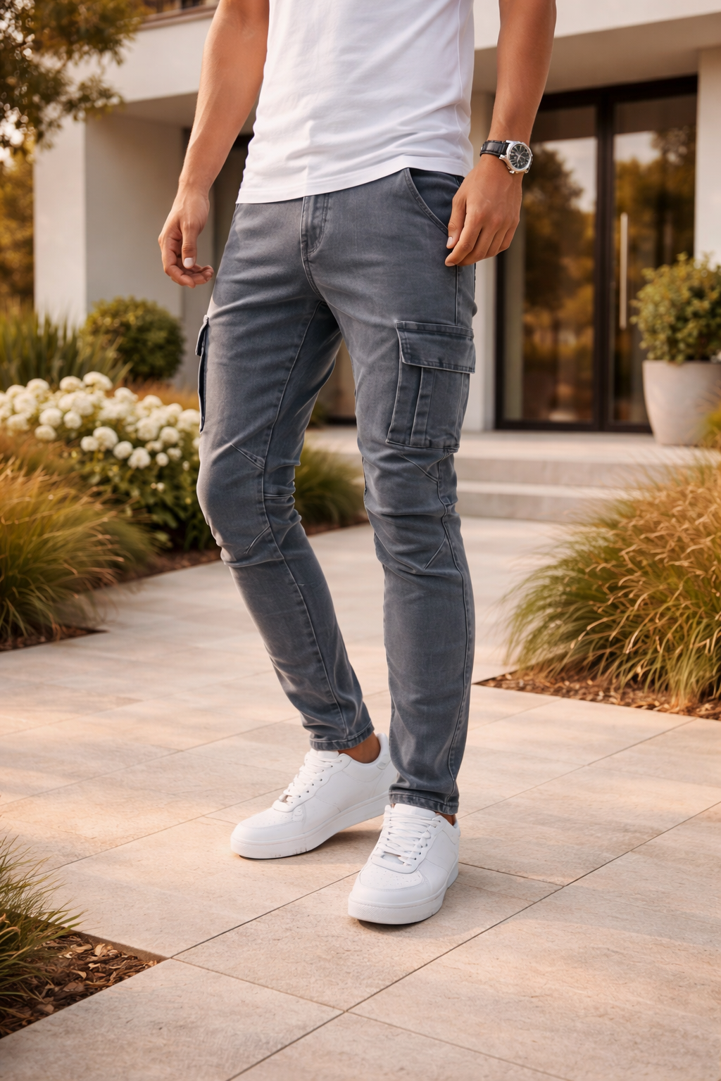 Charlie | Slim Fit Cargo Jeans with Utility Pocket Detail — Gray, image 1