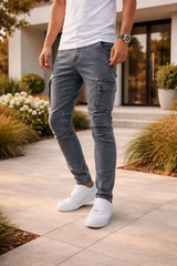 Charlie | Slim Fit Cargo Jeans with Utility Pocket Detail — Gray, image 1