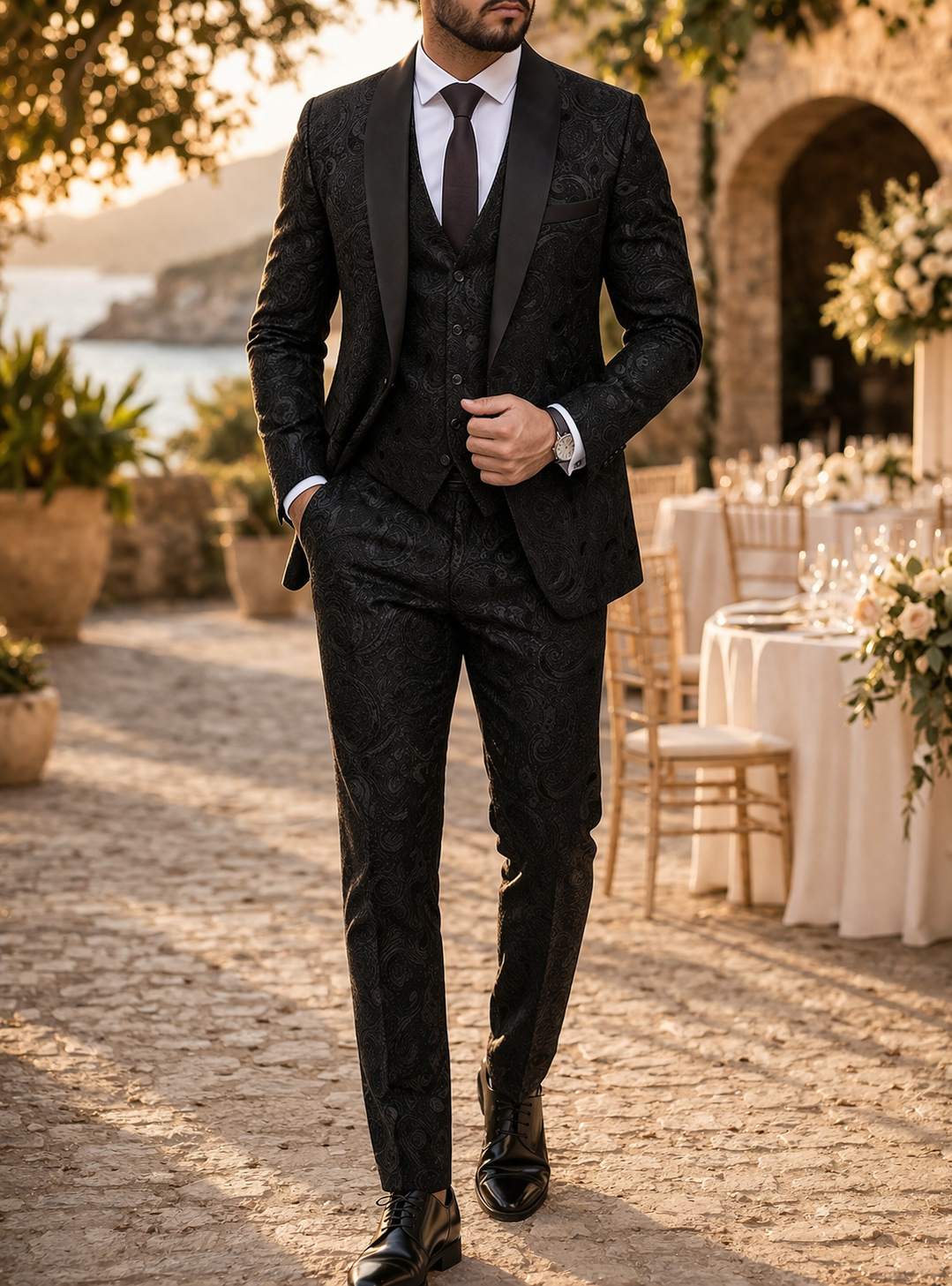 Cian | Men’s Three Piece Patterned Tailored Wedding Suit with Shawl Lapel — Black, image 1