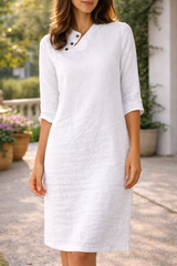 Clara | Button Detail Linen Midi Dress with Three Quarter Sleeves — White, image 4
