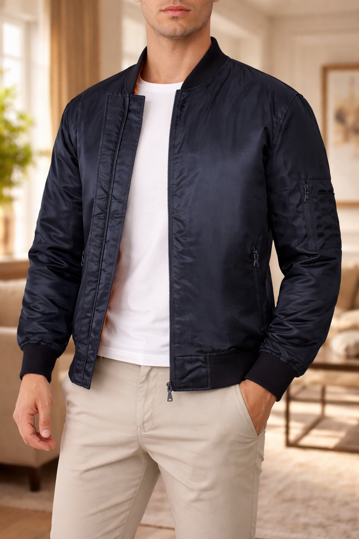 Colin | Men’s Bomber Jacket Zip Front Quilted Lining Casual Outerwear — Navy, image 1
