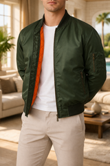 Colin | Men’s Bomber Jacket Zip Front Quilted Lining Casual Outerwear — Green, image 3