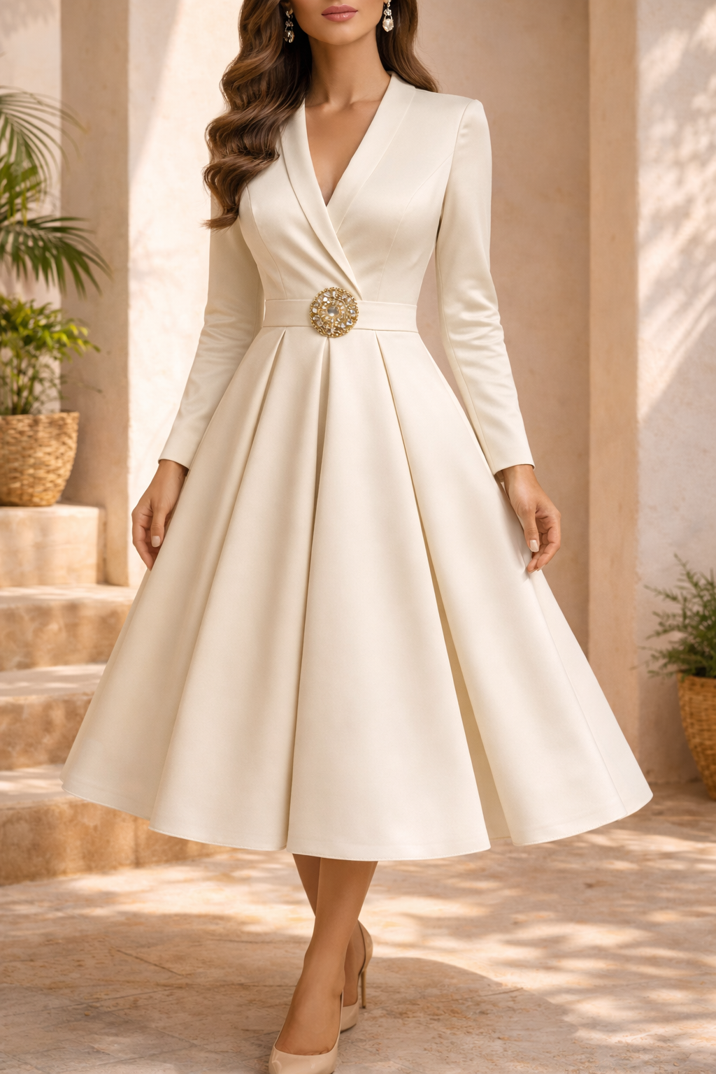 Diana | Long Sleeve Structured Midi Wedding Dress with Belt Detail — White, image 1