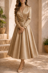 Diana | Long Sleeve Structured Midi Wedding Dress with Belt Detail — Gold, image 2