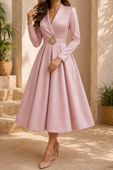 Diana | Long Sleeve Structured Midi Wedding Dress with Belt Detail — Pink, image 3