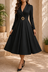 Diana | Long Sleeve Structured Midi Wedding Dress with Belt Detail — Black, image 4