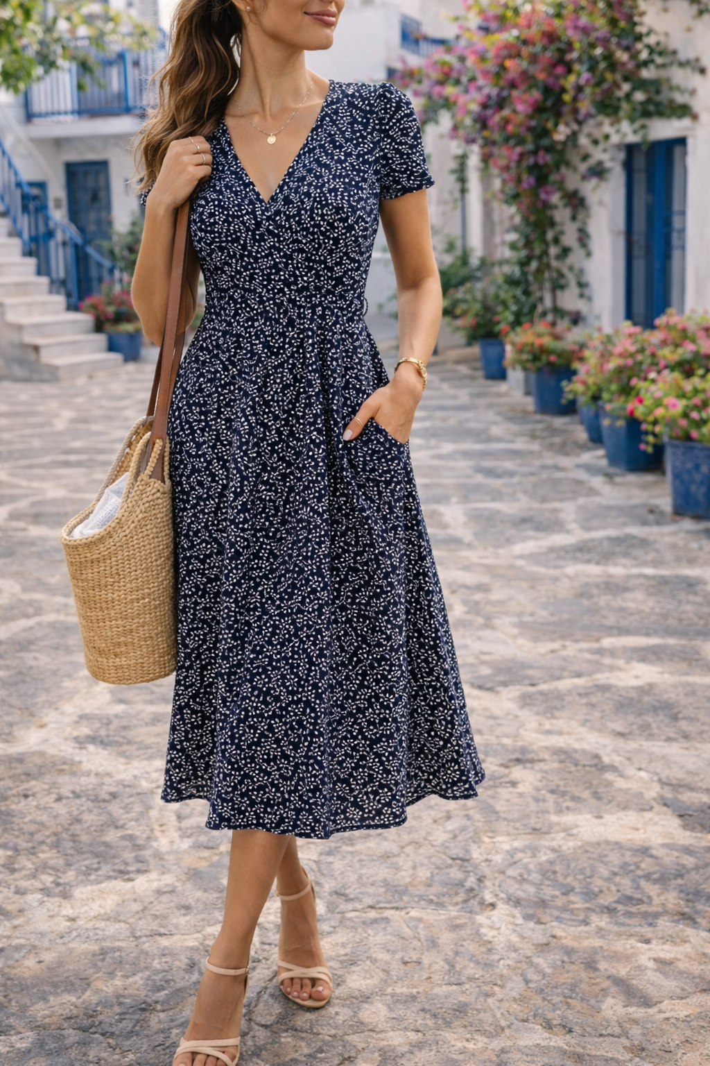 Eliza | Women’s V Neck Midi Dress with Short Sleeves — Navy, image 1