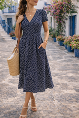 Eliza | Women’s V Neck Midi Dress with Short Sleeves — Navy, image 1