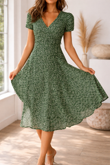Eliza | Women’s V Neck Midi Dress with Short Sleeves — Green, image 2