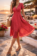 Eliza | Women’s V Neck Midi Dress with Short Sleeves — Red, image 3