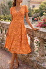 Eliza | Women’s V Neck Midi Dress with Short Sleeves — Orange, image 4