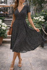 Eliza | Women’s V Neck Midi Dress with Short Sleeves — Black, image 5