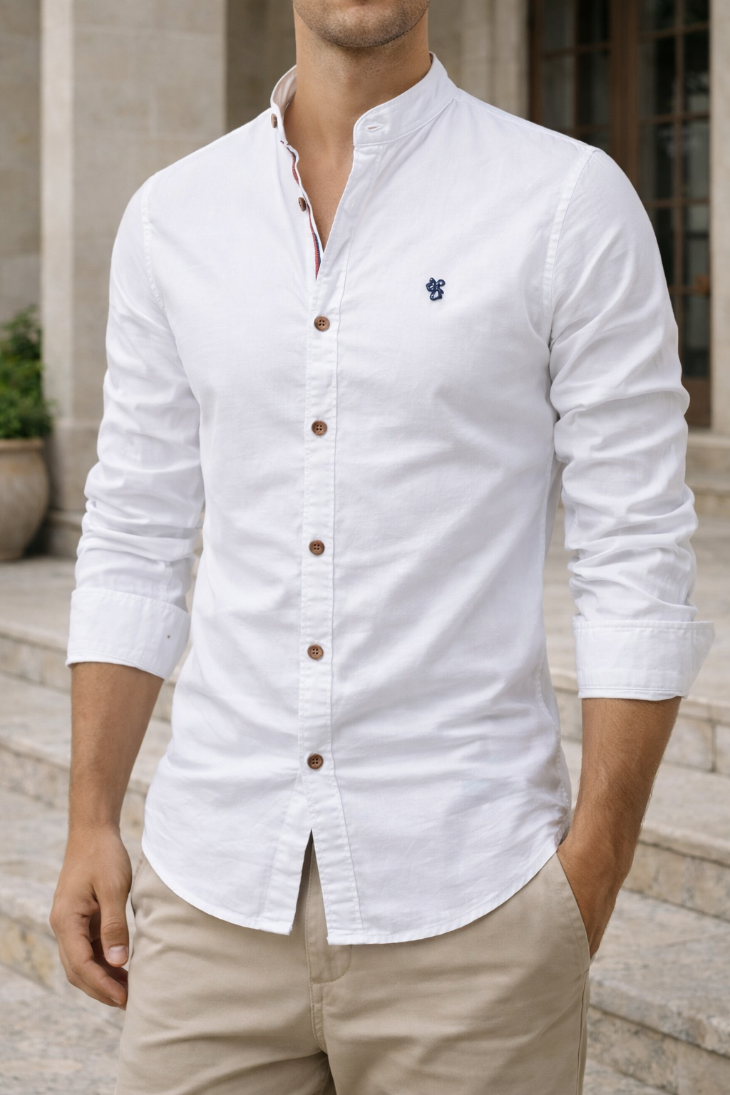 Elliot | Men’s Cotton Mandarin Collar Slim Fit Shirt — White, image 1