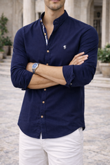 Elliot | Men’s Cotton Mandarin Collar Slim Fit Shirt — Navy, image 4
