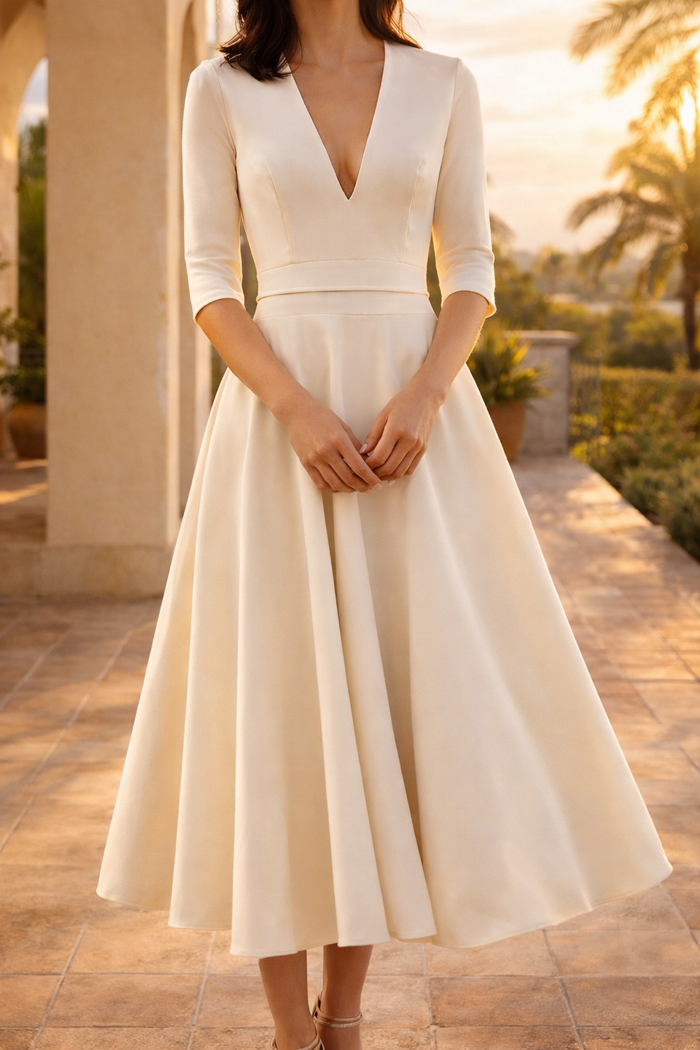 Emilia | Deep V Neck Midi Fit and Flare Wedding Guest Dress — White, image 1