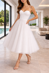 Esther | Structured Bodice Tulle Midi Dress with Adjustable Straps — White, image 2