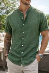 Ethan | Men’s Short Sleeve Collarless Button Shirt — Green, image 2