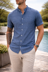 Ethan | Men’s Short Sleeve Collarless Button Shirt — Blue, image 3