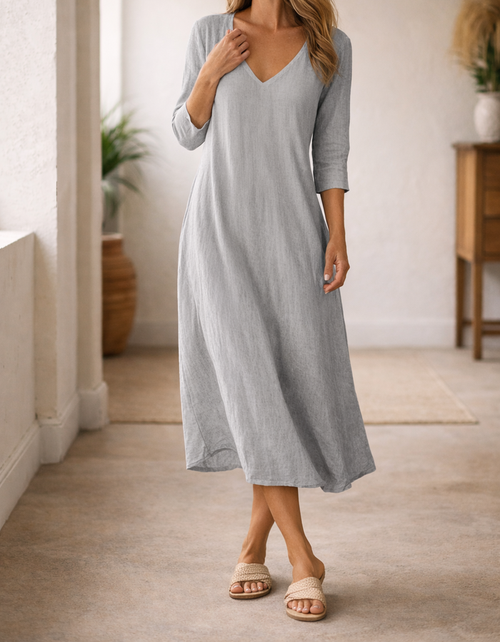 Felicia | Women's V-Neck A-Line Midi Dress — Gray, image 1