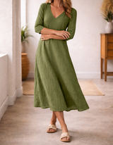 Felicia | Women's V-Neck A-Line Midi Dress — Green, image 2