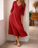 Felicia | Women's V-Neck A-Line Midi Dress — Red, image 3