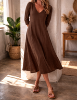 Felicia | Women's V-Neck A-Line Midi Dress — Brown, image 5