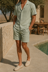Flynn | Linen Two Piece Set with Short Sleeve Shirt and Relaxed Fit Shorts — Green, image 1