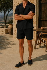 Flynn | Linen Two Piece Set with Short Sleeve Shirt and Relaxed Fit Shorts — Black, image 2
