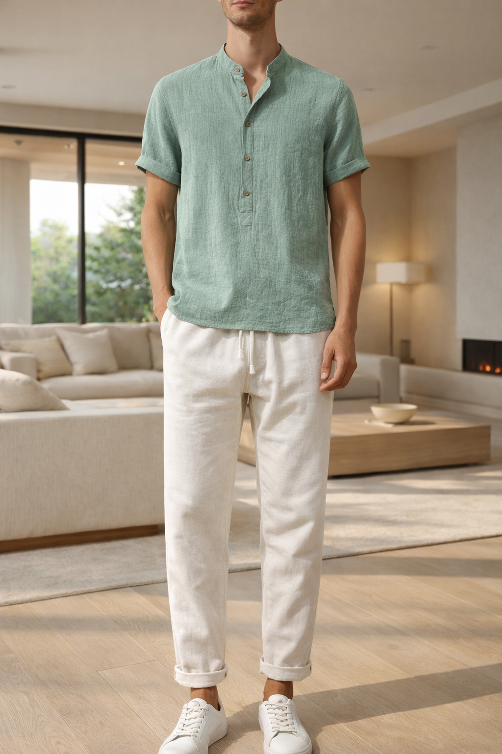 Frank | Men’s Short Sleeve Button Shirt and Drawstring Trousers Set — Green, image 1