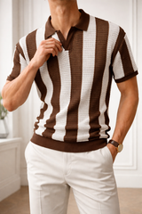 Graham | Textured Knit Polo Shirt with Vertical Stripe Pattern — Brown, image 2
