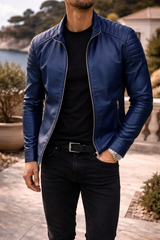Harrison | Men’s Zip Up Leather Jacket — Blue, image 1