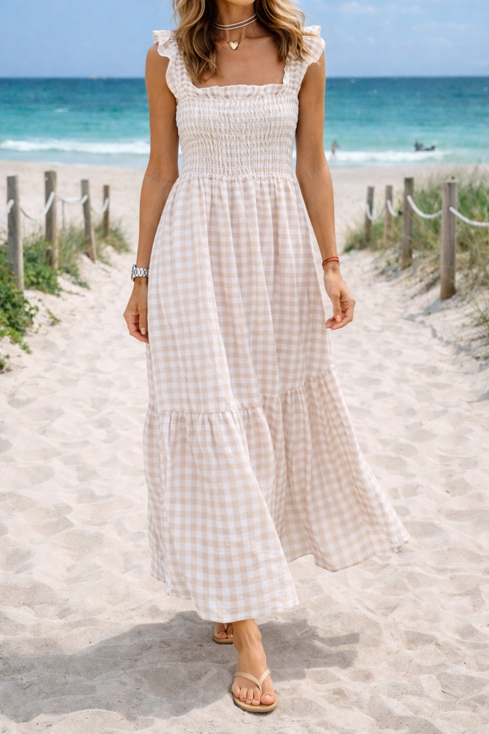 Helena | Women’s Gingham Smocked Maxi Dress with Ruffle Sleeves — White, image 1