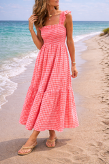 Helena | Women’s Gingham Smocked Maxi Dress with Ruffle Sleeves — Red, image 2