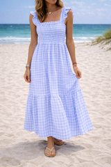 Helena | Women’s Gingham Smocked Maxi Dress with Ruffle Sleeves — Light Blue, image 3