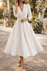 Isolde | V-Neck A-Line Midi Wedding Dress with Three Quarter Sleeves — White, image 1