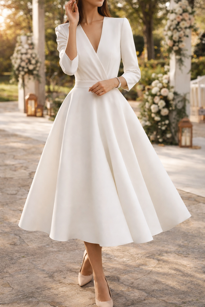Isolde | V-Neck A-Line Midi Wedding Dress with Three Quarter Sleeves — White, image 1