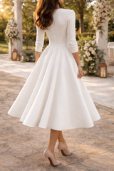 Isolde | V-Neck A-Line Midi Wedding Dress with Three Quarter Sleeves — image 2