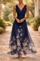 Jade | Sleeveless V-Neck Floral Print Maxi Wedding Guest Dress — Navy, image 2