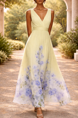 Jade | Sleeveless V-Neck Floral Print Maxi Wedding Guest Dress — Yellow, image 3