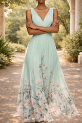 Jade | Sleeveless V-Neck Floral Print Maxi Wedding Guest Dress — Turquoise, image 4