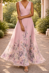 Jade | Sleeveless V-Neck Floral Print Maxi Wedding Guest Dress — Pink, image 5