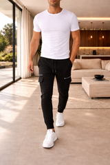 Jake | Slim Fit Cargo Jogger Trousers with Zip Pocket Detail — Black, image 2