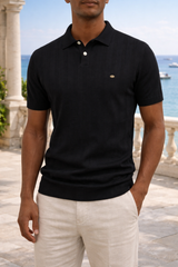James | Textured Knit Polo Shirt with Button Placket — Black, image 2
