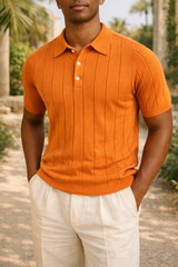 Jason | Men’s Ribbed Knit Polo Shirt with Vertical Panel Design — Orange, image 1