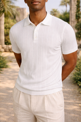 Jason | Men’s Ribbed Knit Polo Shirt with Vertical Panel Design — White, image 2
